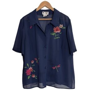 KSL navy sheer short sleeve button up blouse w/ painted flowers